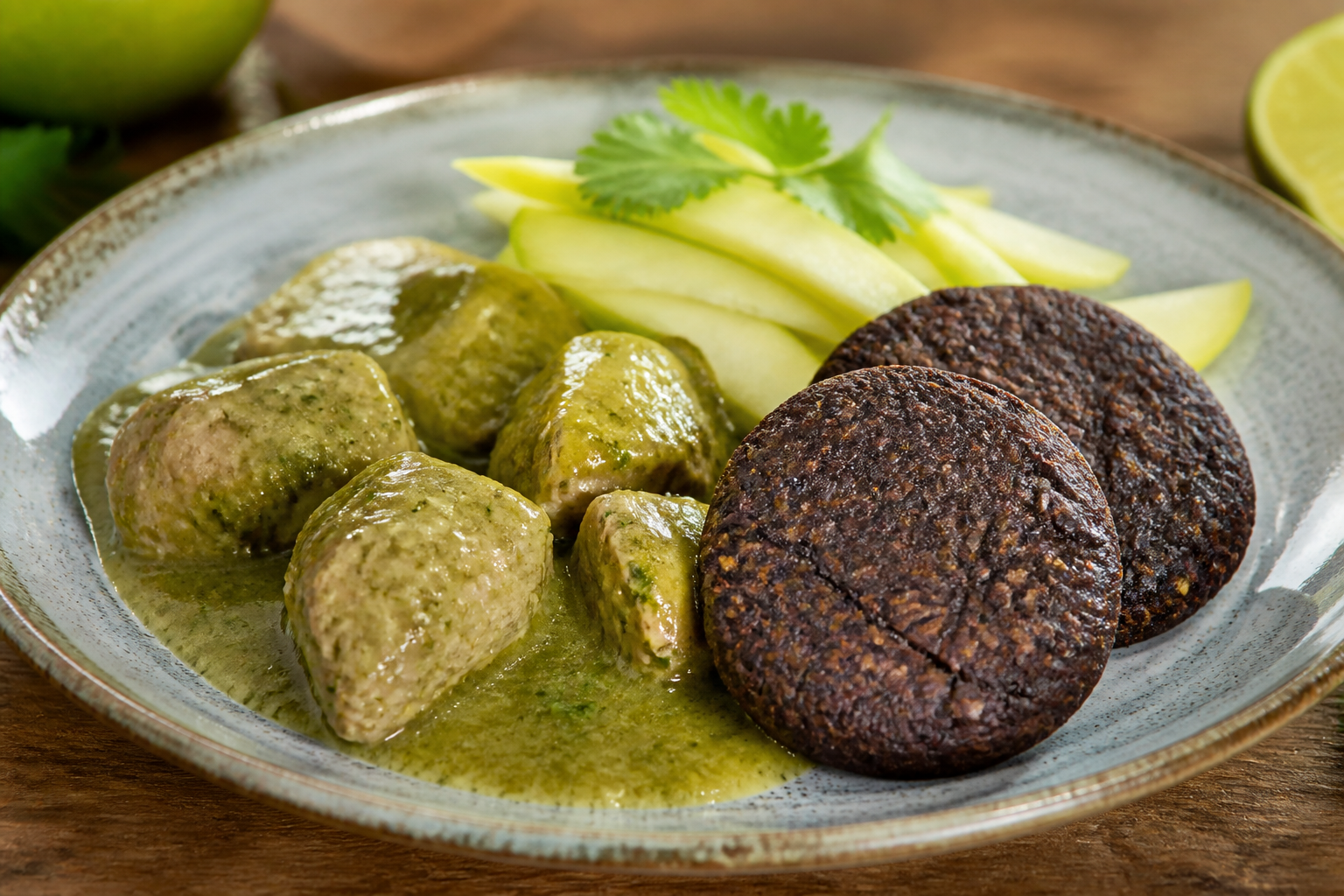 Cerdo Catracho en Salsa de Mango Verde y Culantro con Tortitas de Frijol Negro