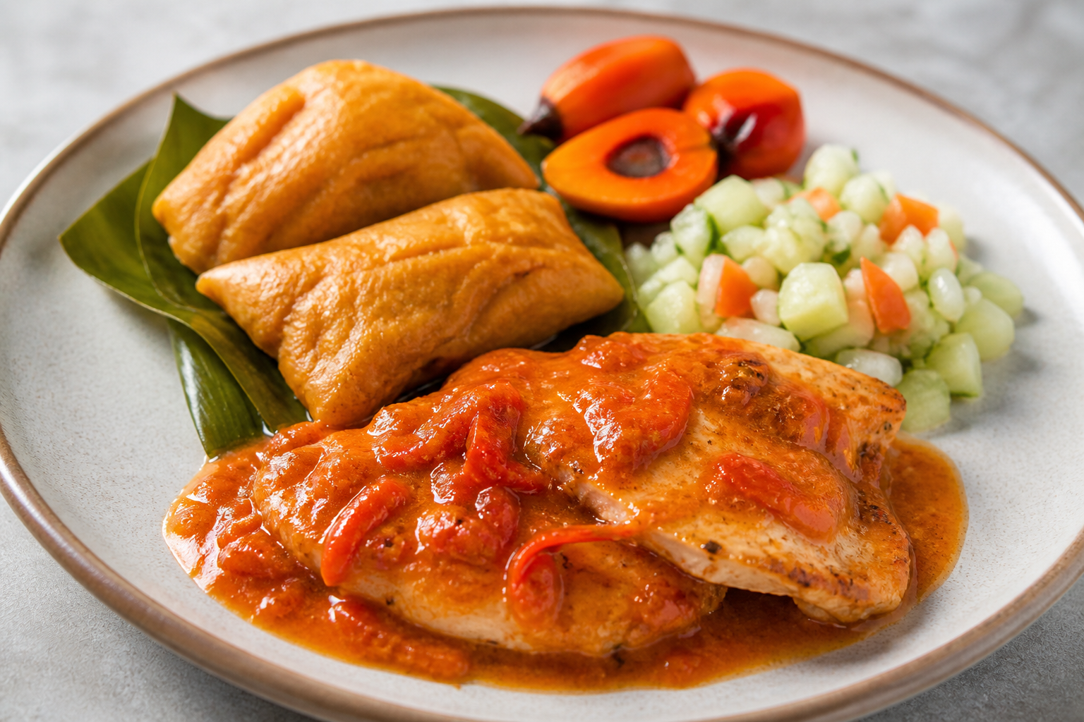 Honduran-Style Turkey in Roasted Coyol Sauce with Sweet Potato Tamalitos and Cucumber Chimol