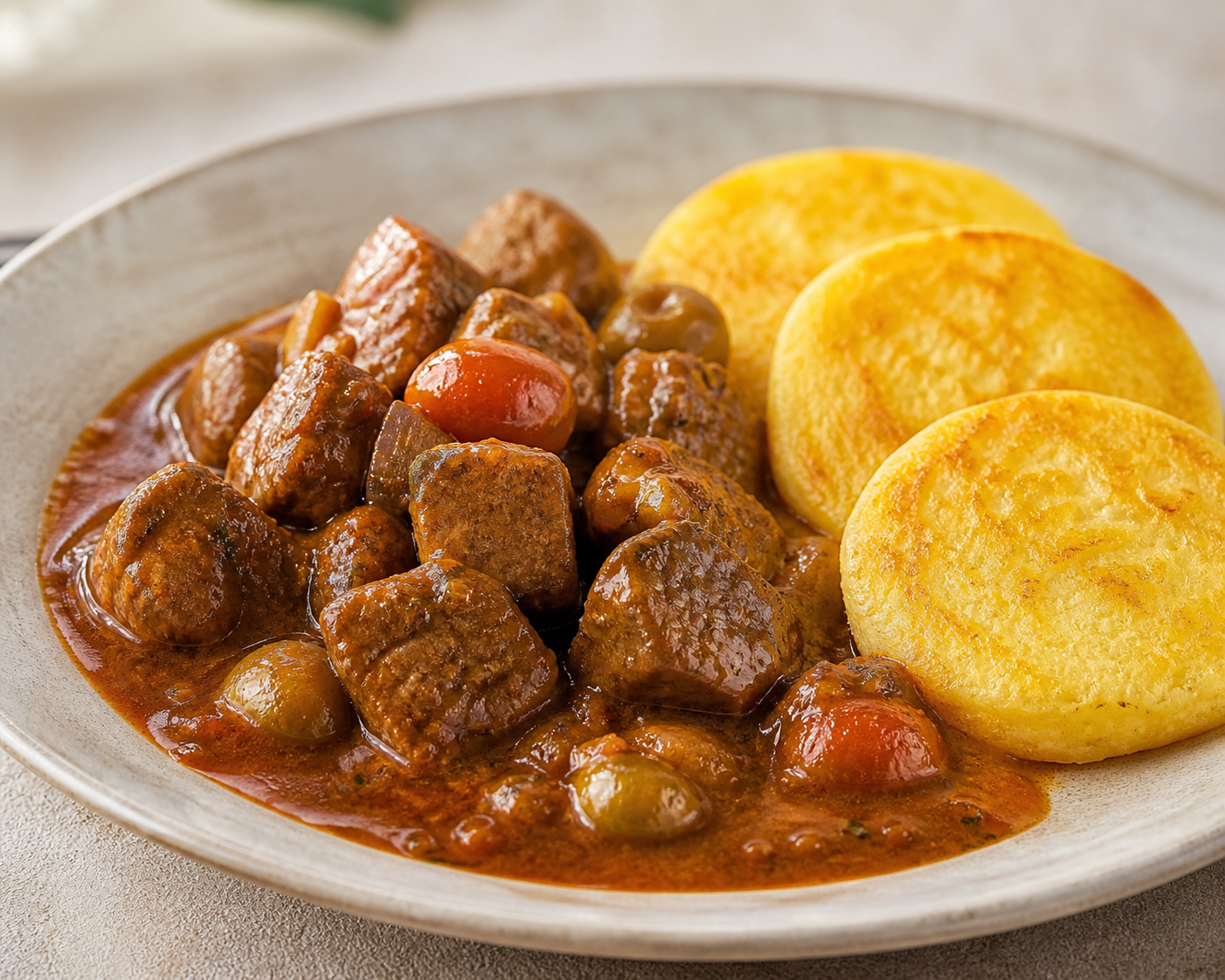 Res Catracha en Salsa de Tomate de Árbol y Comino con Almojábanas de Yuca Dorada
