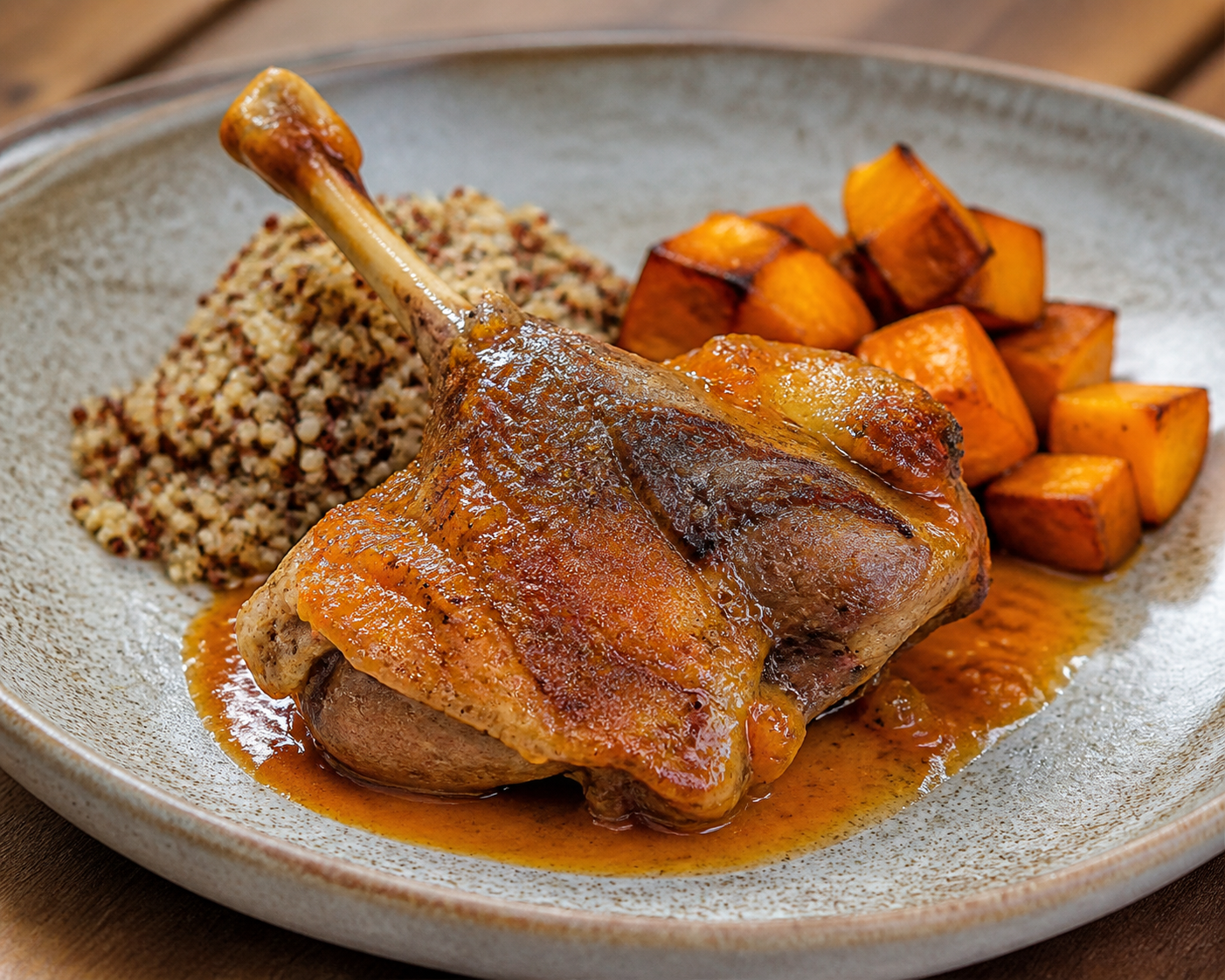 Duck Seco with Naranjilla and Chicha de Jora, served with Toasted Quinoa and Roasted Squash