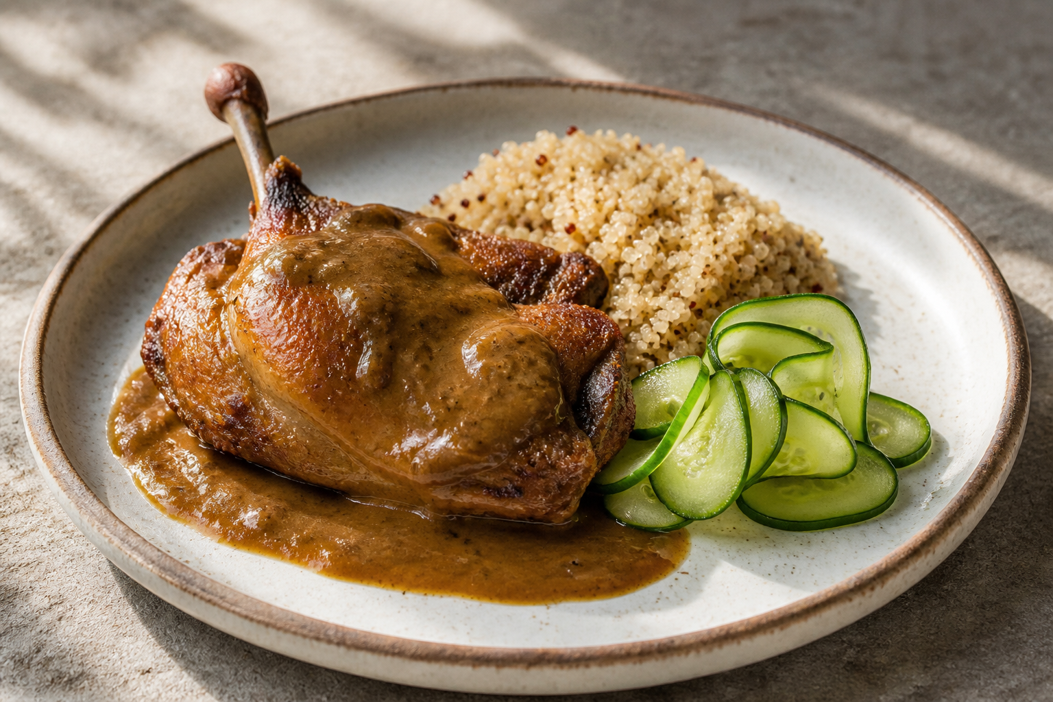 Duck Seco with Naranjilla and Mild Cacao, served with Coconut Quinoa and Pickled Cucumber