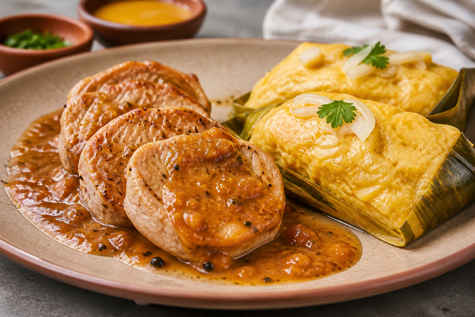 Quito-Style Pork Loin in Tree Tomato and Mild Canelazo Sauce with Savory Corn Quimbolitos