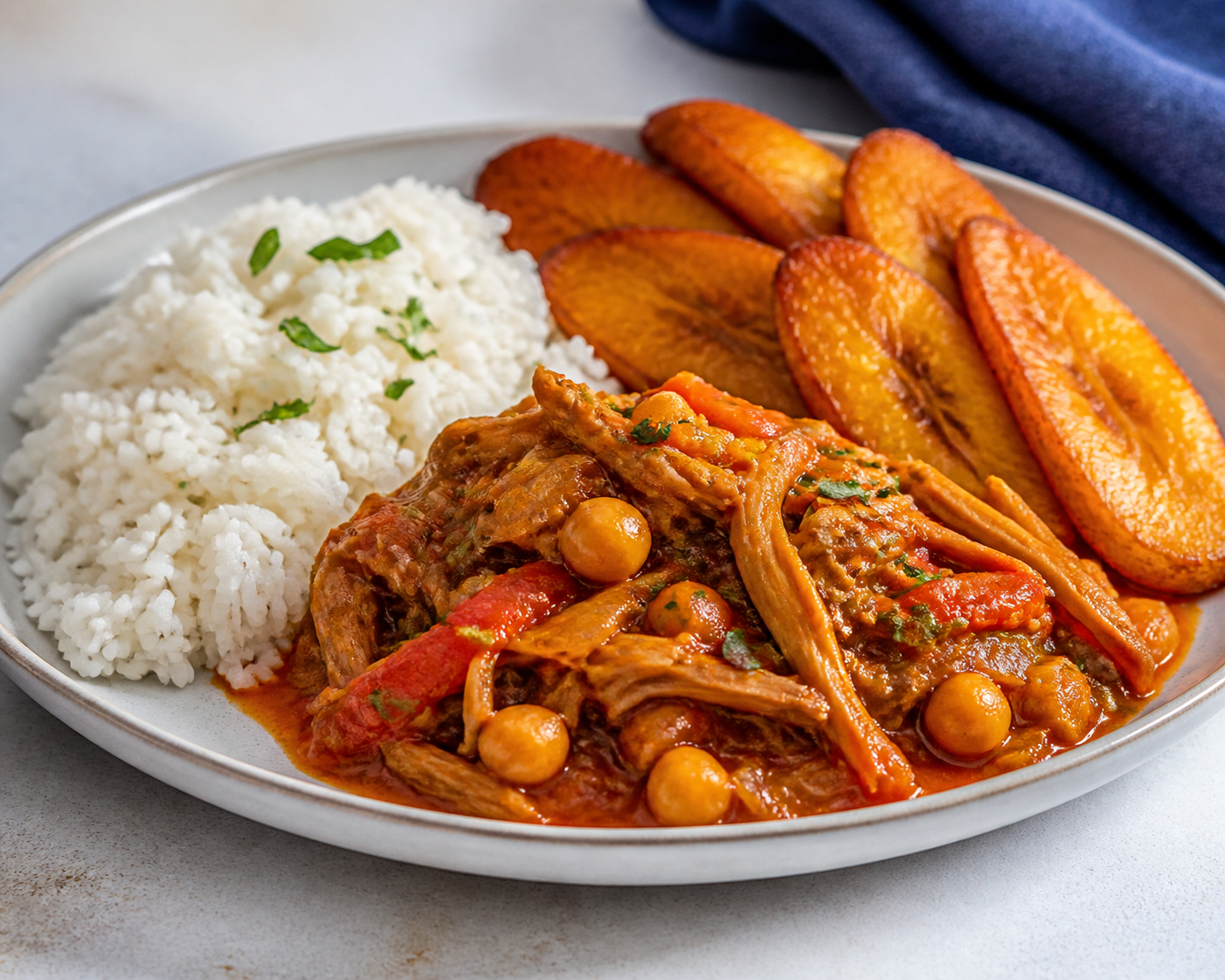 Cuban-Style Ropa Vieja with Mushrooms and Chickpeas, Garlic Rice, and Golden Sweet Plantain