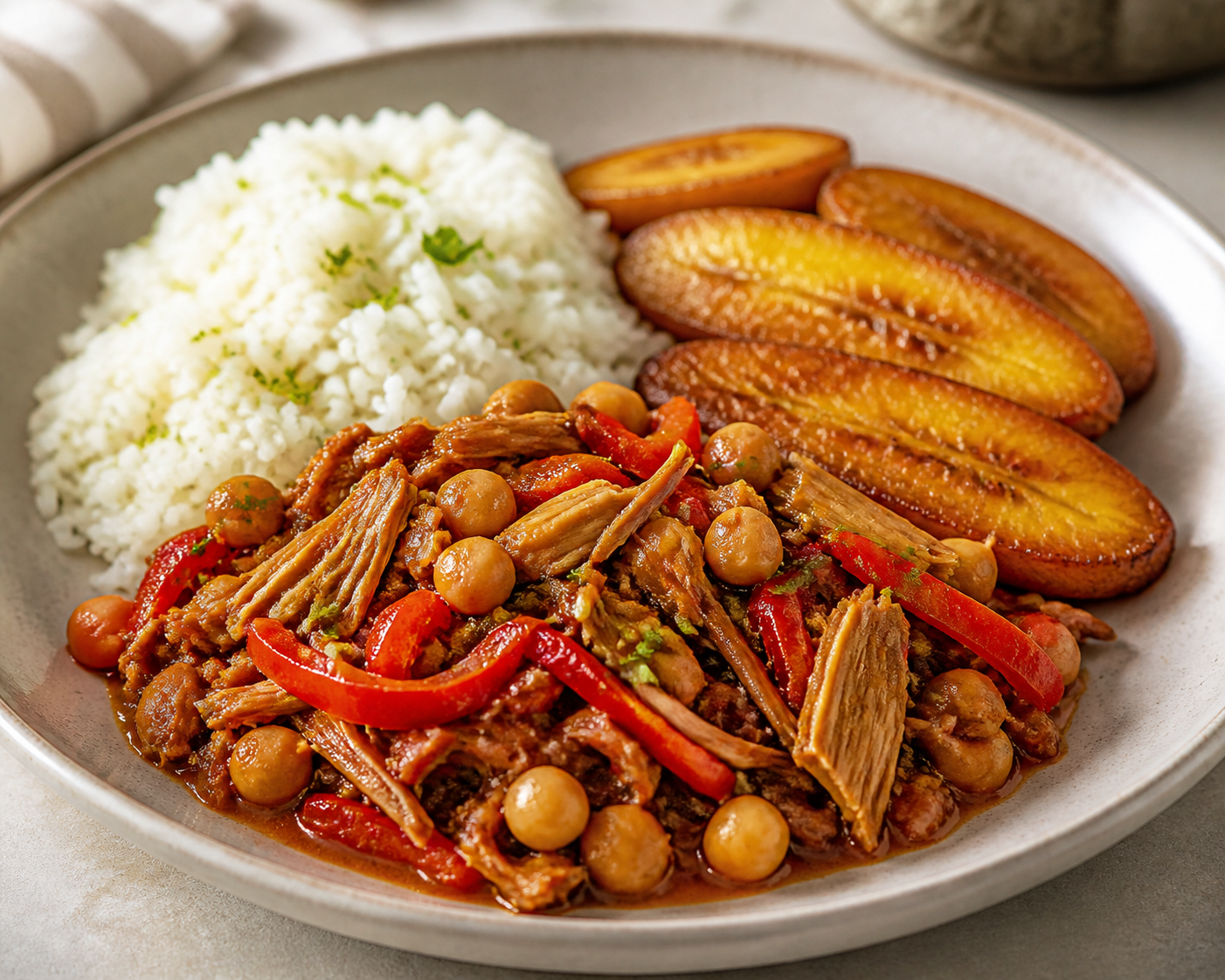 Ropa Vieja Cubana de Setas y Garbanzos con Arroz de Limón y Plátano Maduro Dorado