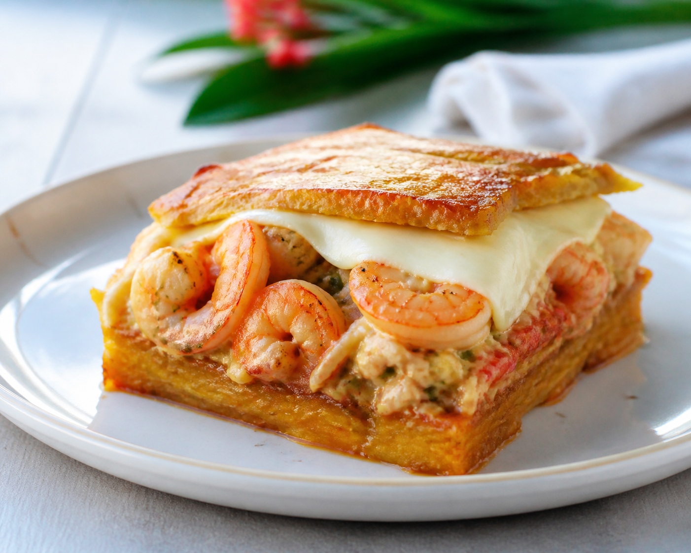Pastelón Crujiente de Amarillos con Camarones al Sofrito de Coco y Queso Blanco