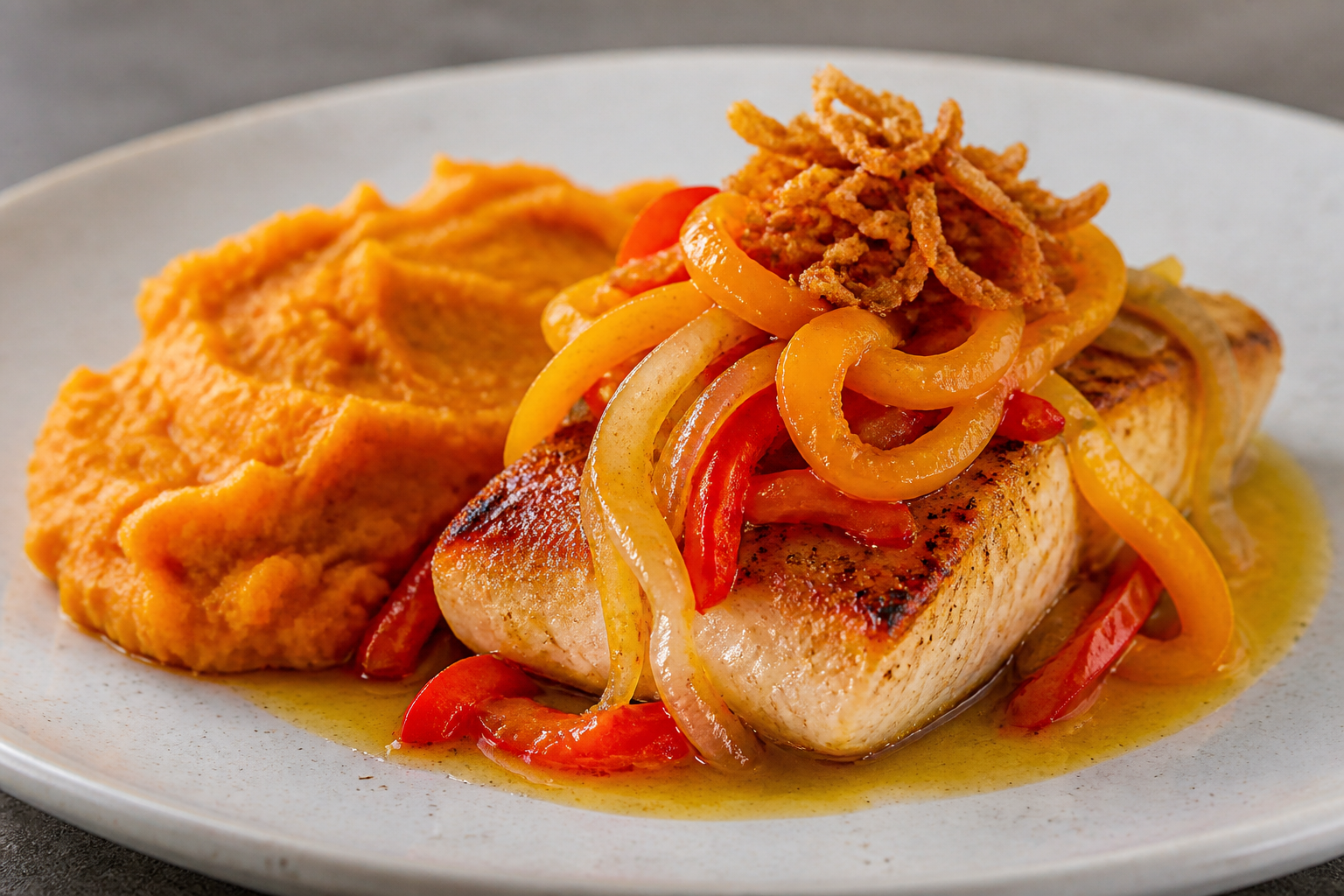 Mahi-Mahi Fillet with Warm Sweet Pepper Escabeche and Mashed Sweet Potato with Crispy Onion