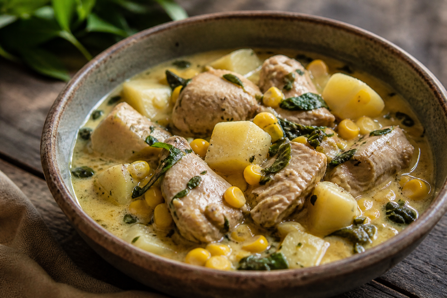 Encocado Criollo de Pollo con Ñame, Maíz Tierno y Albahaca de Monte