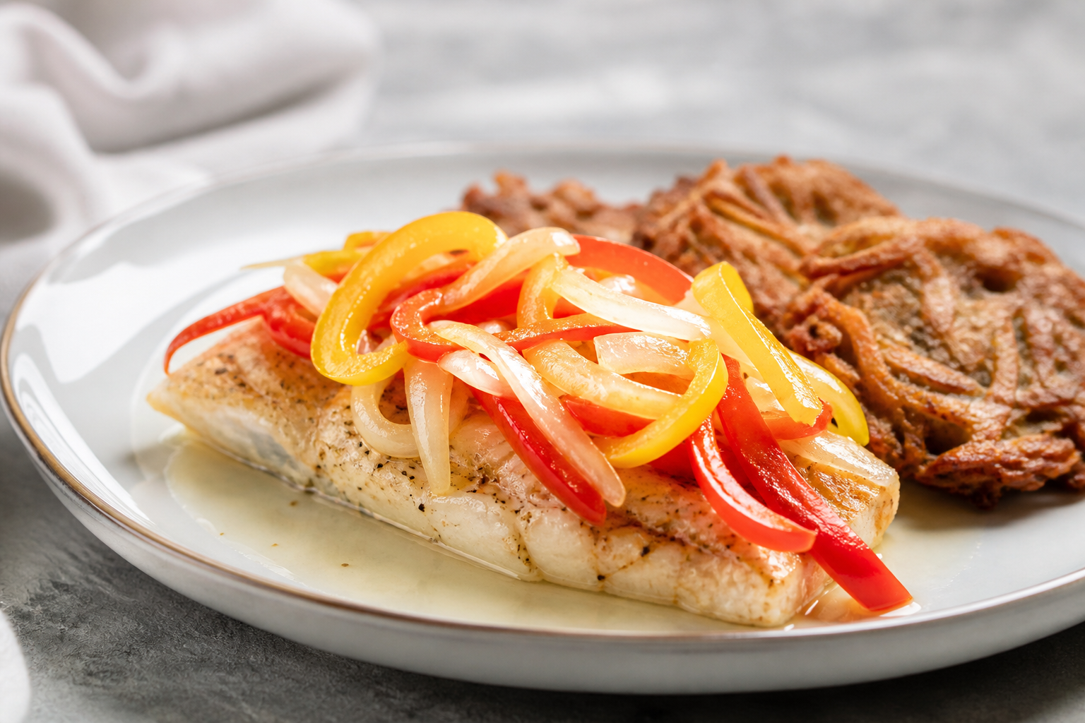 Filete de mero en escabeche tibio de naranja agria y ají dulce con tortitas de apio y malanga