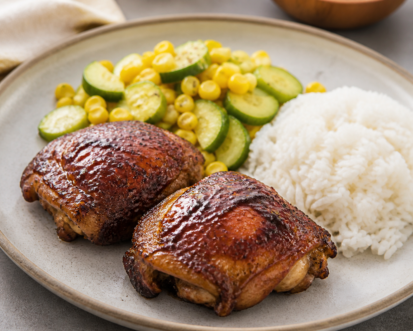Chicken Thighs with Tamarind and Panela Glaze, Gentle Coconut Rice, and Warm Cucumber Corn Salad