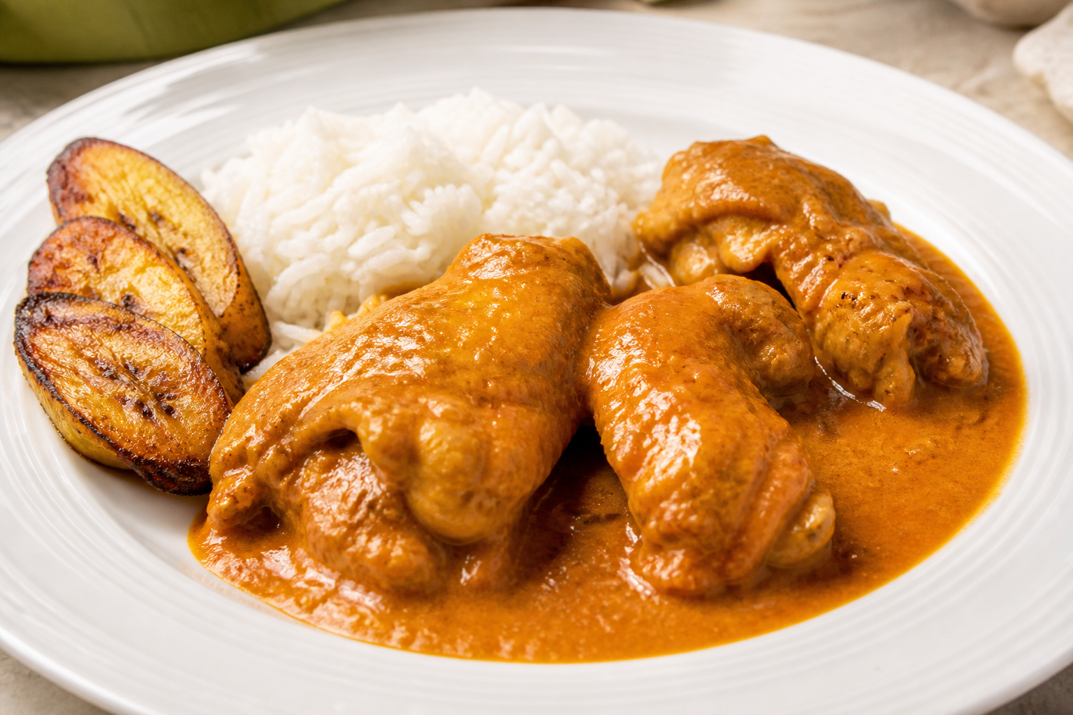 Gallina Criolla en Salsa de Maní y Achiote con Arroz de Coco Ligero y Plátano Asado