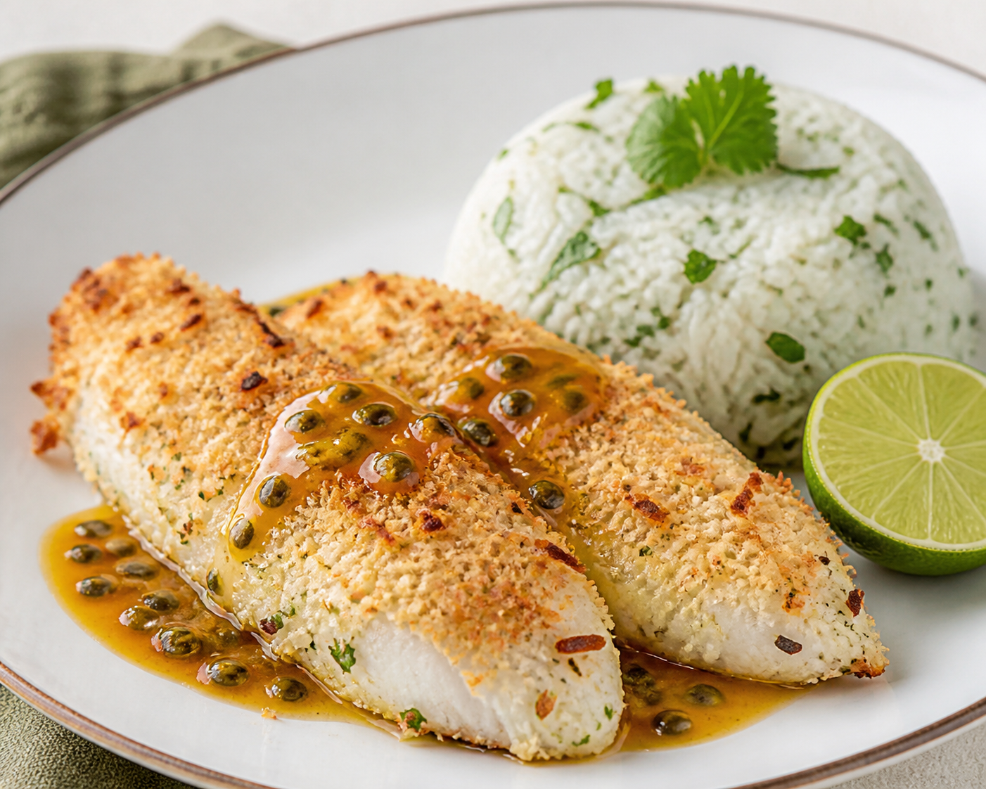 Tilapia Brasileña en Costra de Tapioca y Coco con Vinagreta Tibia de Maracuyá y Arroz de Cilantro