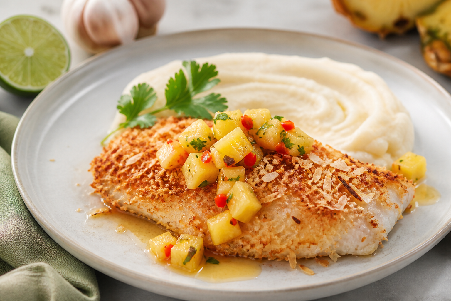 Tilapia Brasileña al Coco Tostado con Puré de Mandioca y Vinagreta de Piña y Chile