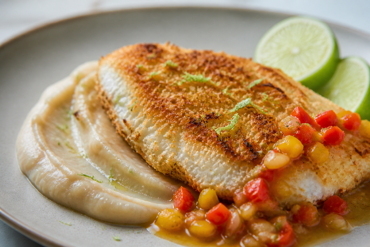 Brazilian Coconut-Lime Crusted Tilapia with Creamy Butter Bean Mash and Warm Pepper Vinaigrette