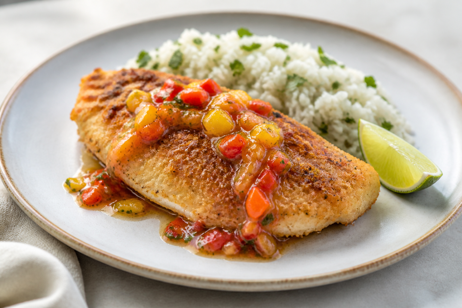 Brazilian Tilapia with Tapioca-Coconut Crust, Warm Pepper Vinaigrette and Cilantro Rice