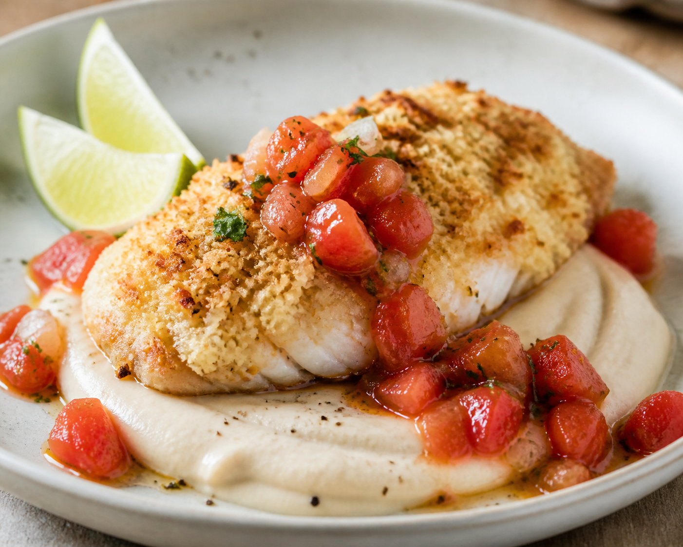 Brazilian Coconut-Lime Crusted Tilapia with White Bean Purée and Warm Tomato Vinaigrette