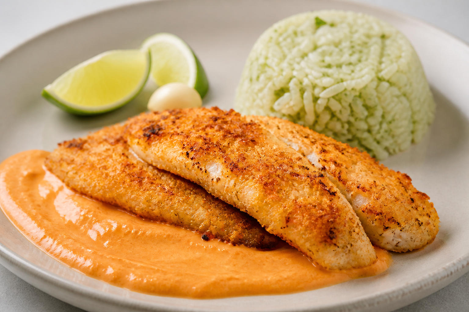 Tilapia Brasileña en Costra de Tapioca y Coco con Crema de Pimiento Asado y Arroz Verde