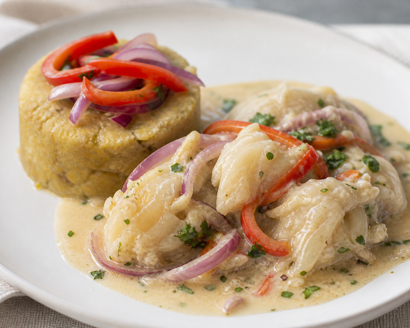 Bacalao Dominicano en Crema de Coco y Ajo con Mofongo Suave de Yuca y Ajíes Dulces