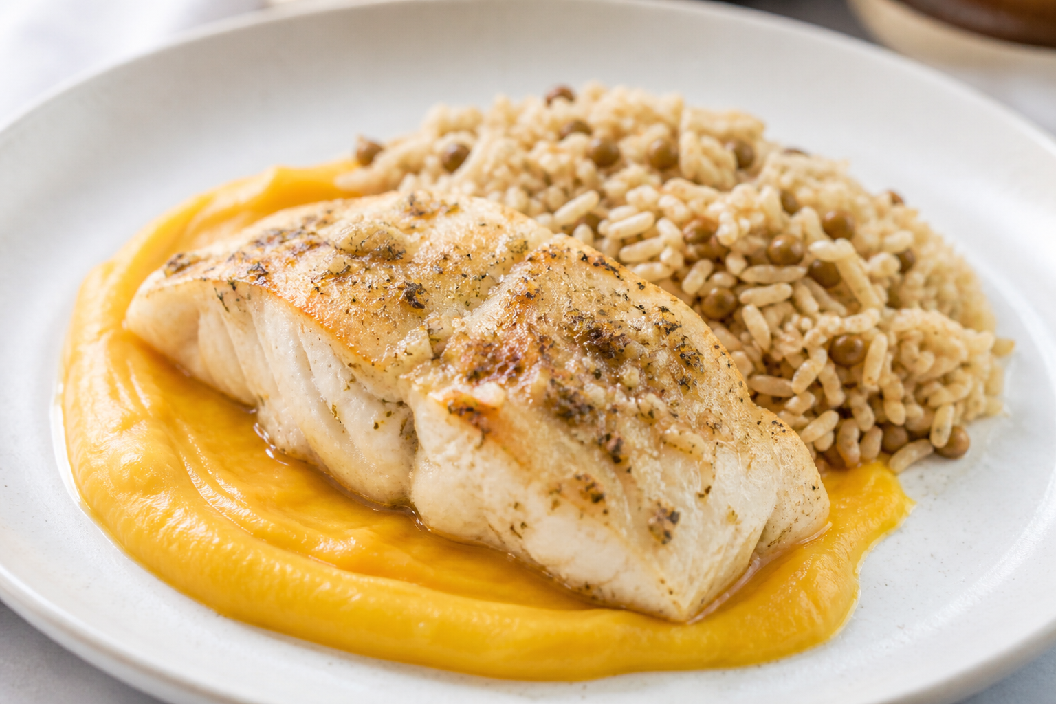 Dominican Cod with Auyama Cream and Coconut Pigeon Pea Pilaf