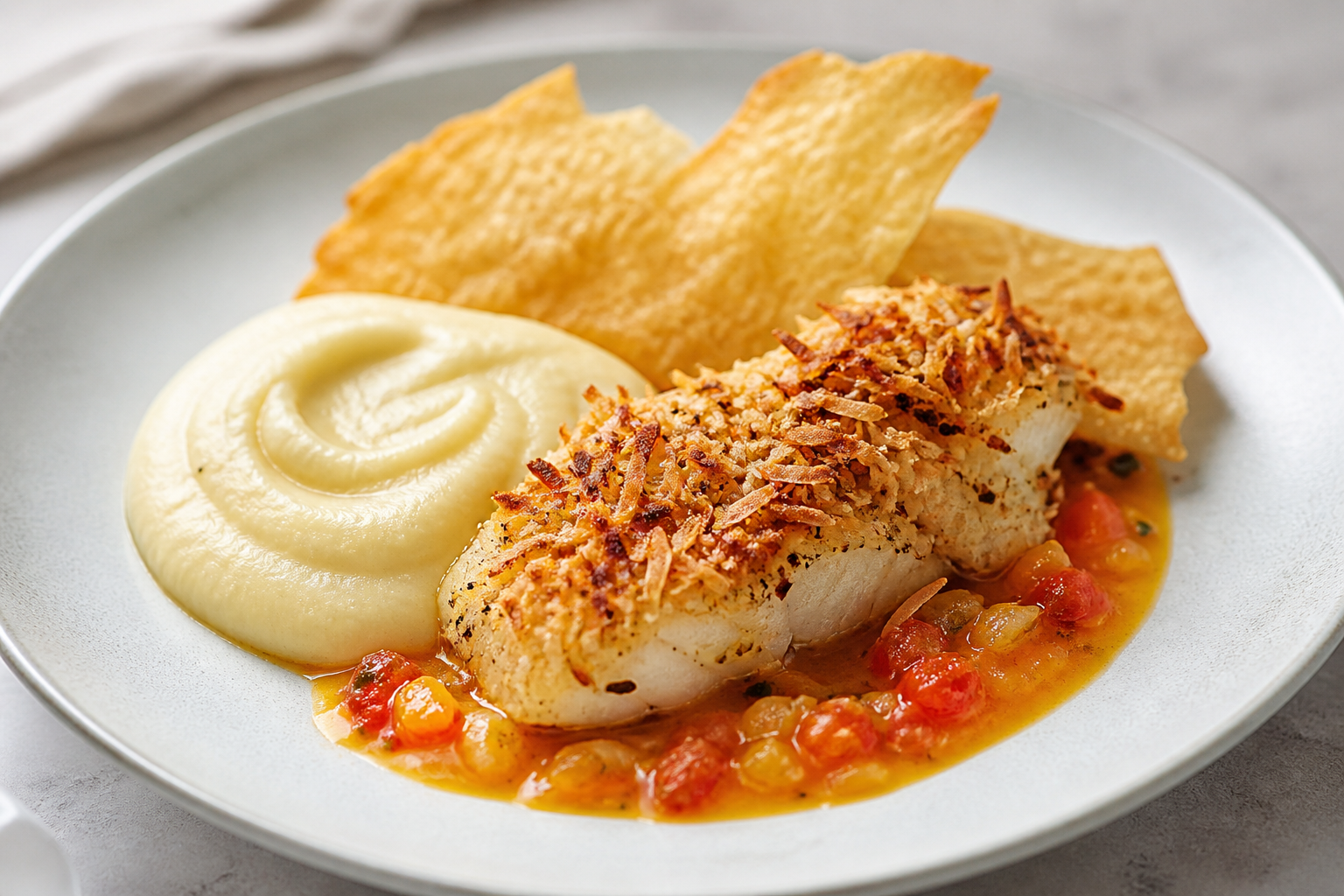 Dominican Fish Fillets in Toasted Coconut, Lime and Sweet Pepper Sauce with Yam Purée and Crispy Cassava Flatbread
