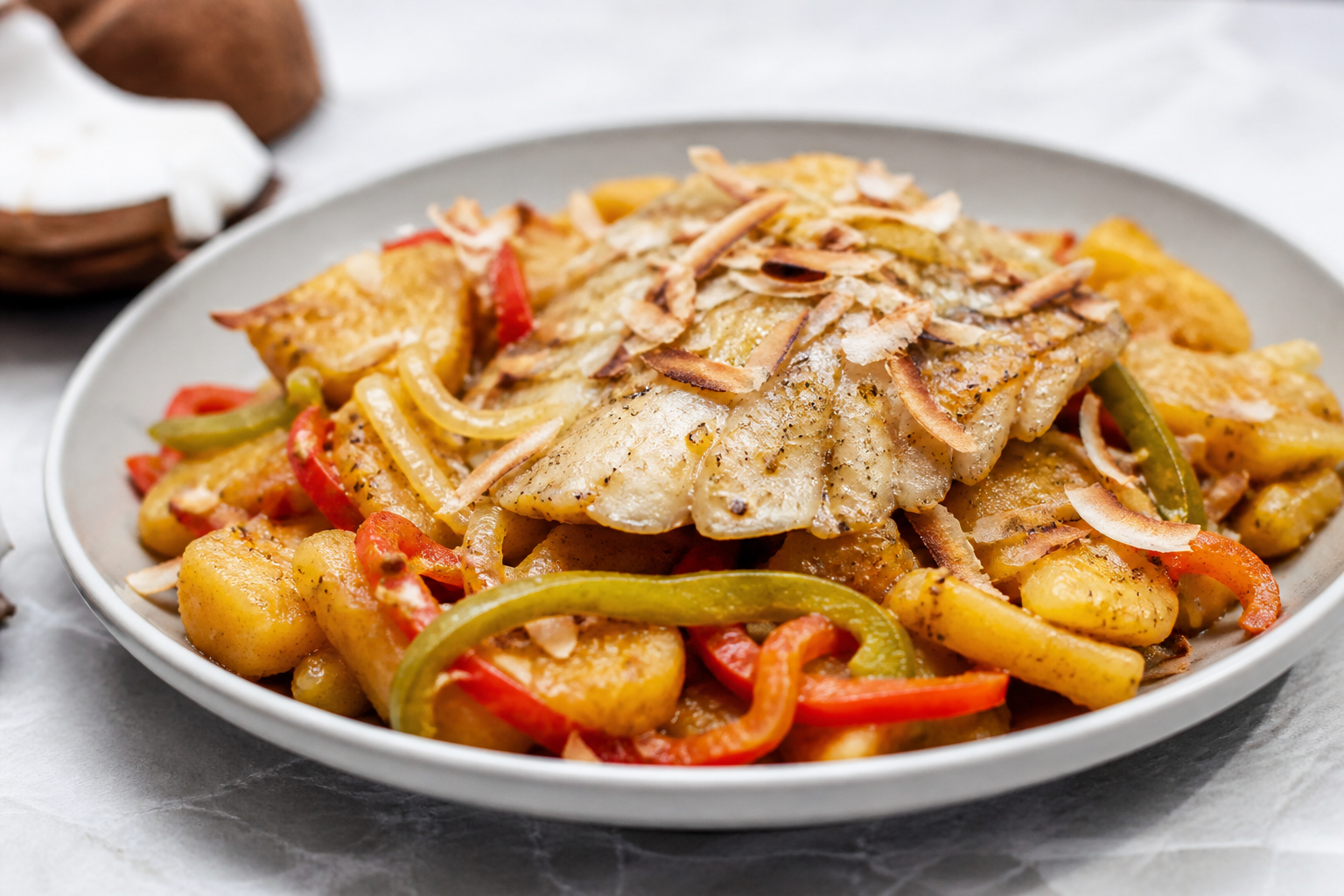 Dominican Fish Casserole with Toasted Coconut, Green Banana, and Sweet Peppers