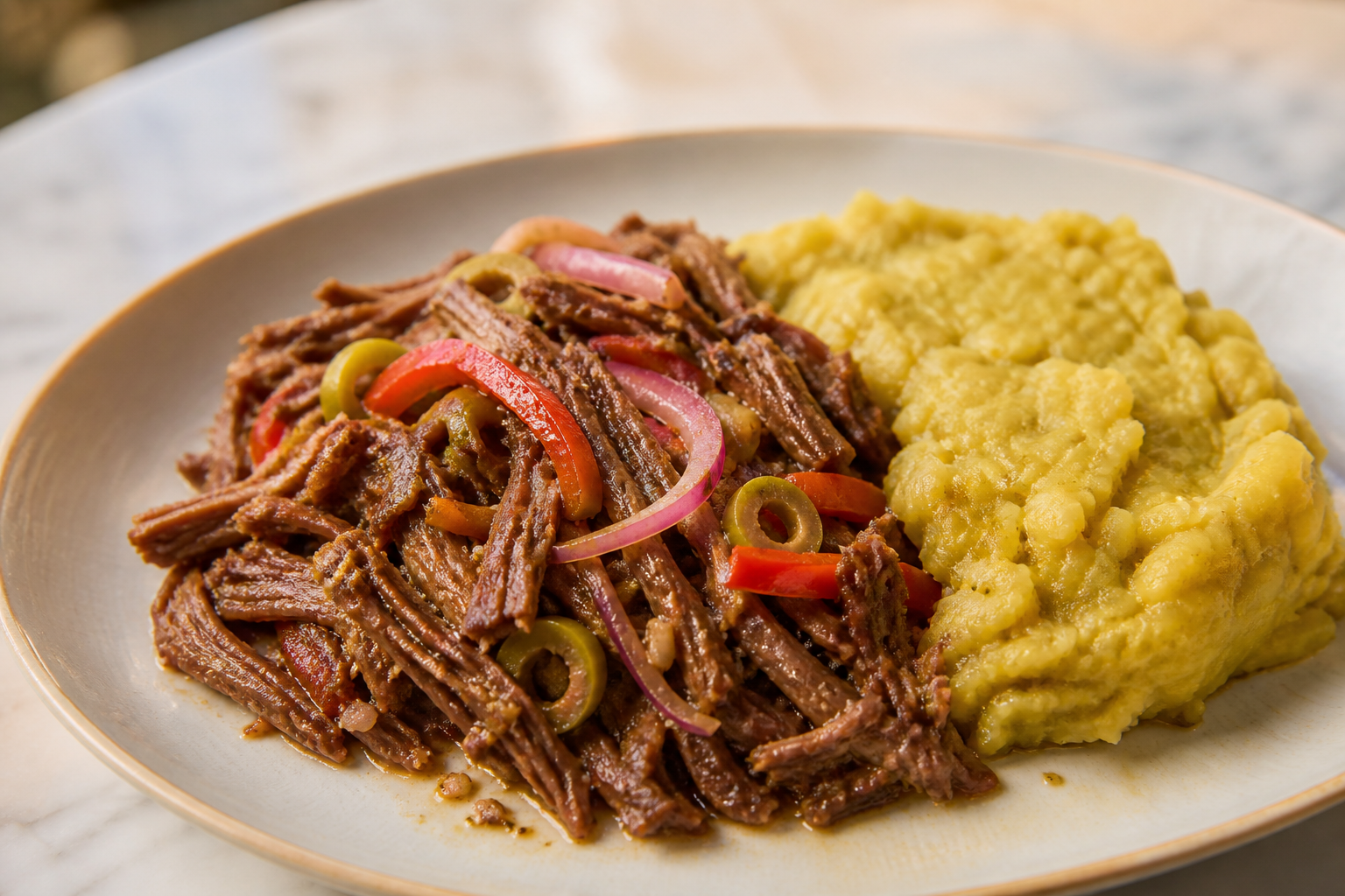 Dominican Shredded Beef with Sweet Peppers, Olives, and Garlic Green Plantain Mash