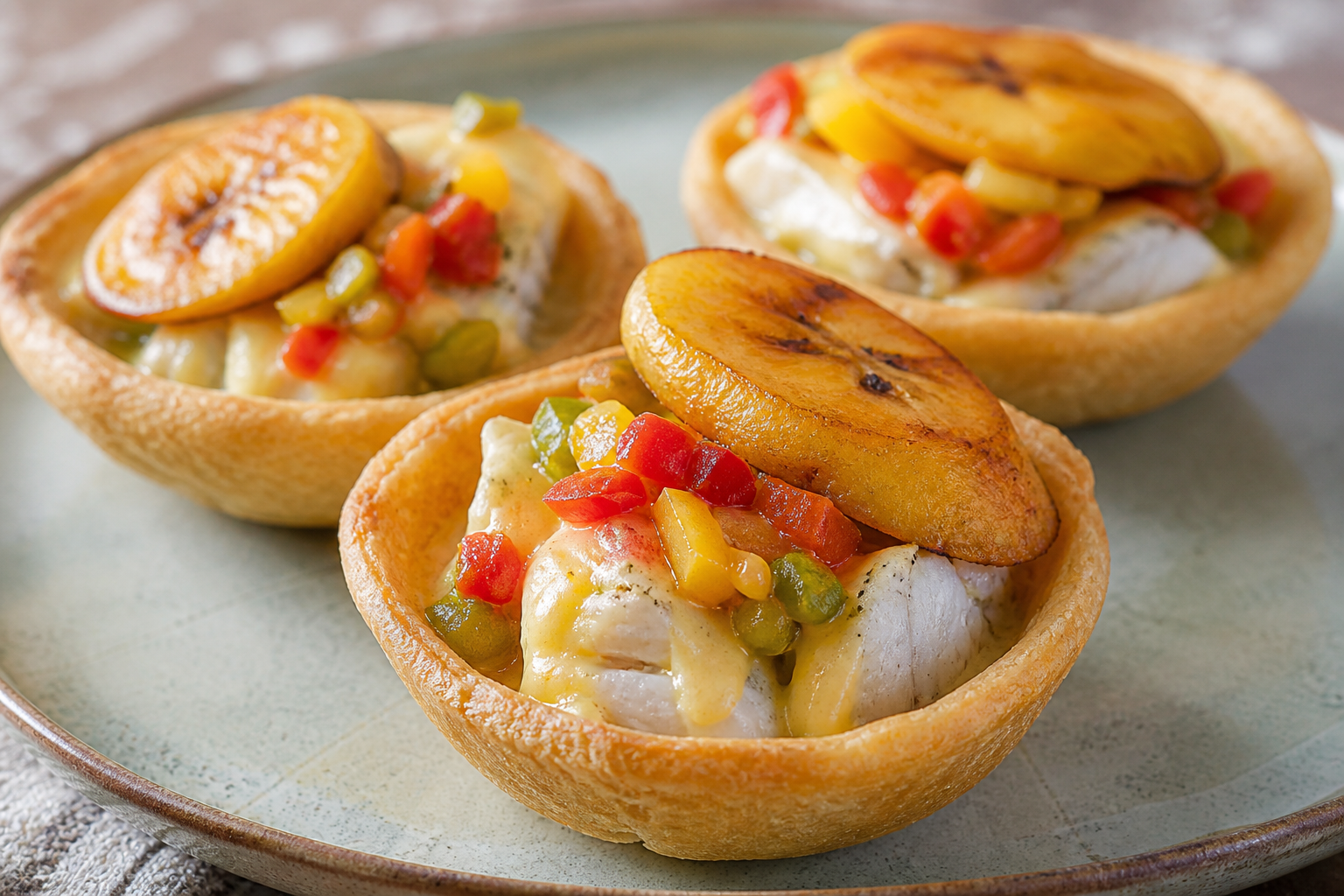 Cassava Flatbread Cups with Coconut Fish, Sweet Pepper Sofrito and Golden Plantain