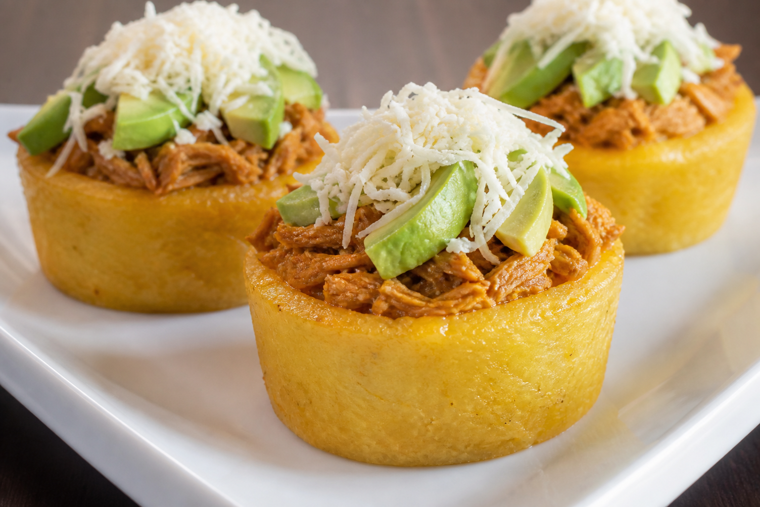 Yuca and Corn Casserole Cups with Ají Dulce Chicken, Avocado, and Llanero Cheese