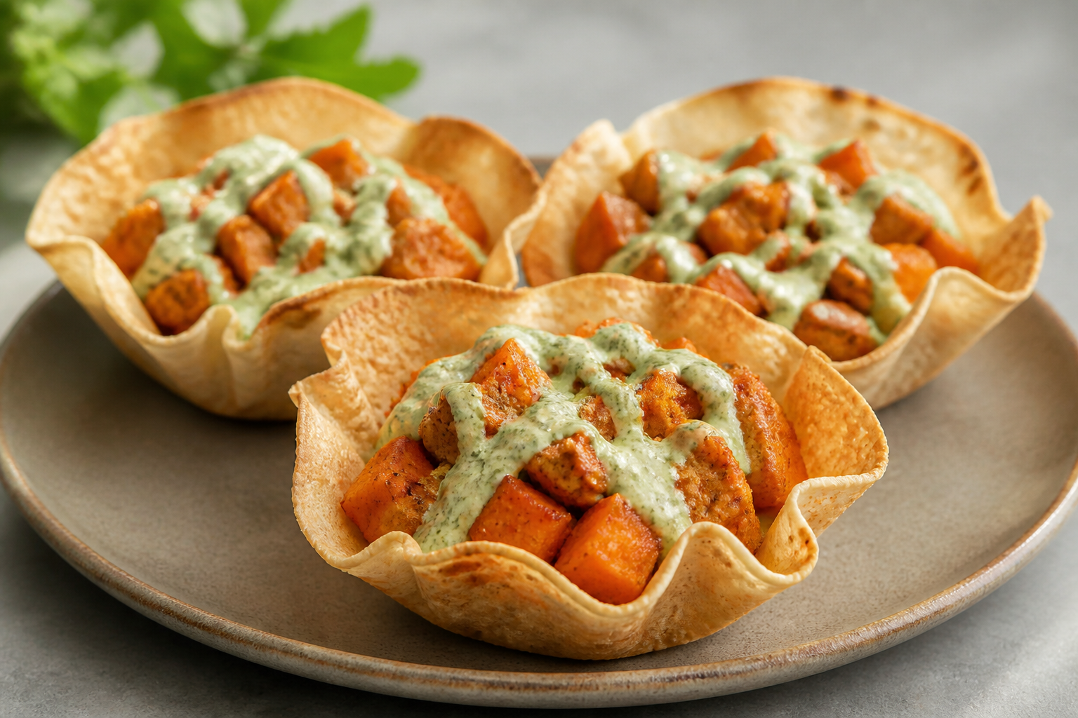 Cesticas de Casabe con Pollo al Onoto, Batata Asada y Crema de Cilantro