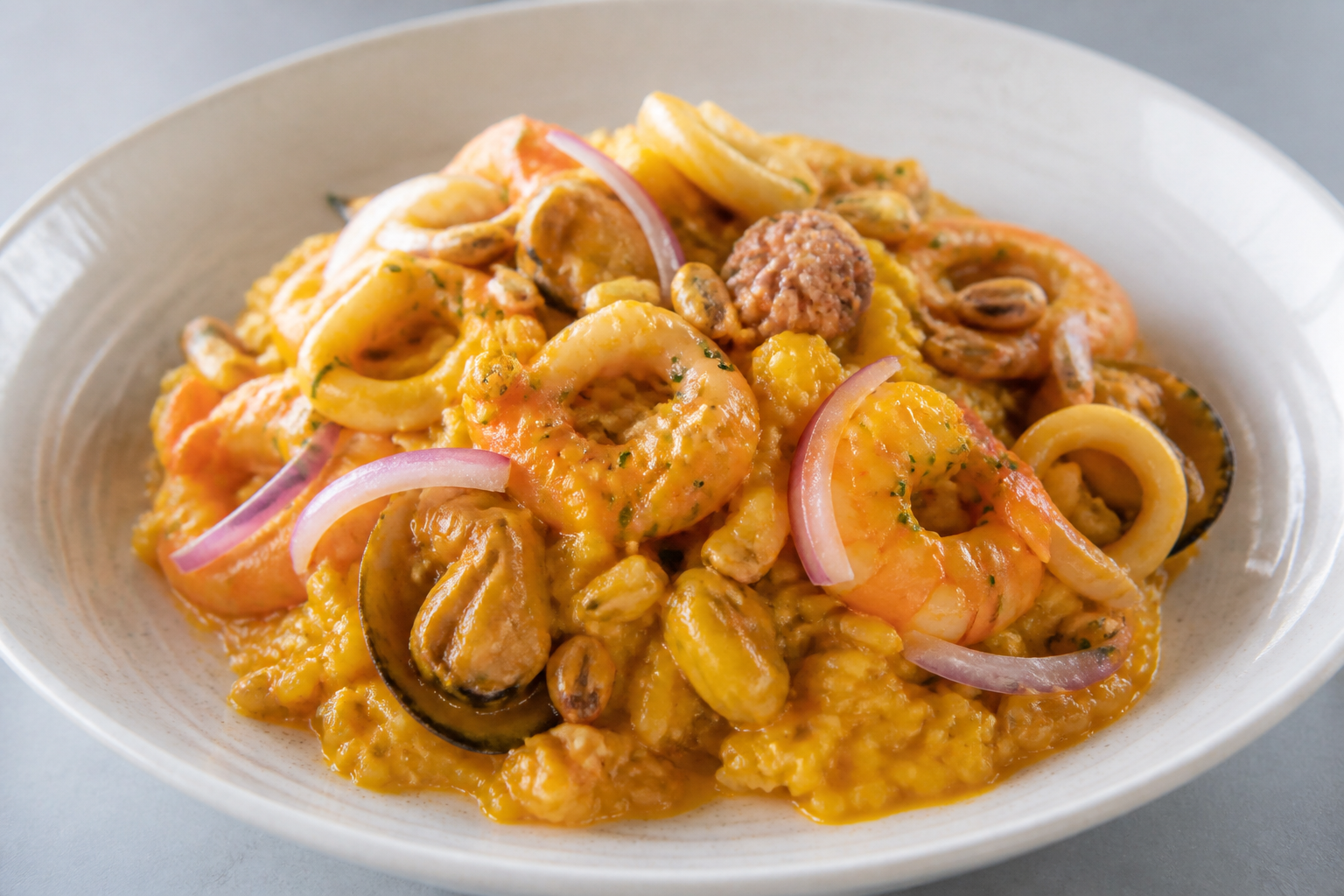 Peruvian Creamy Seafood Rice with Aji Amarillo and Toasted Corn