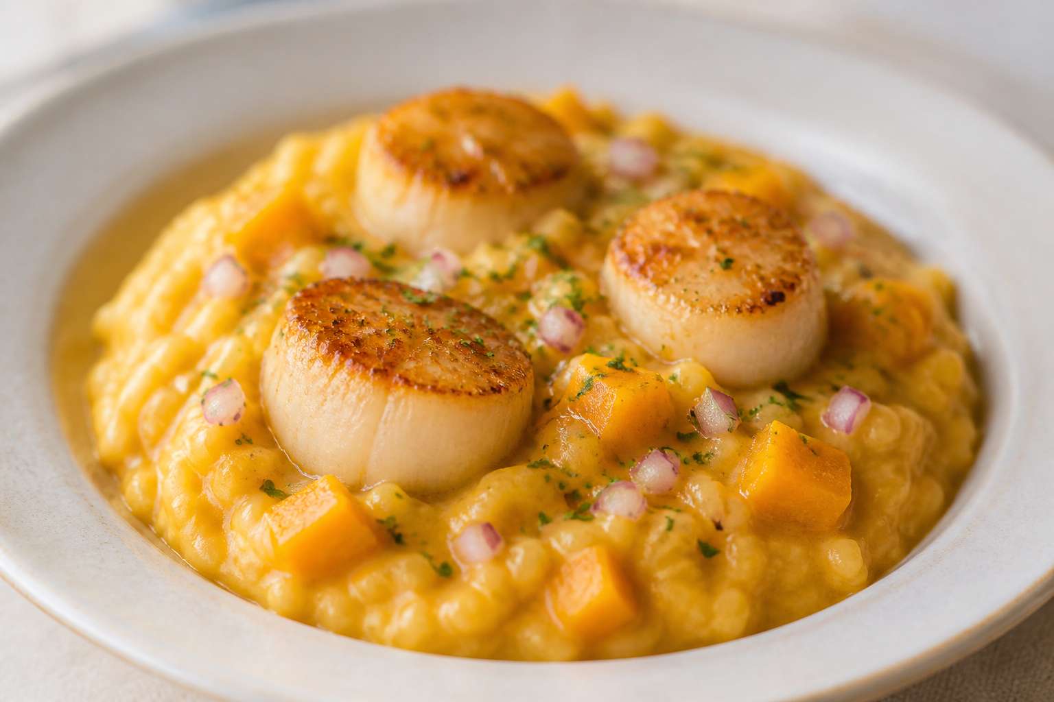Arroz Meloso Peruano de Conchas y Zapallo con Ají Amarillo y Hierbas