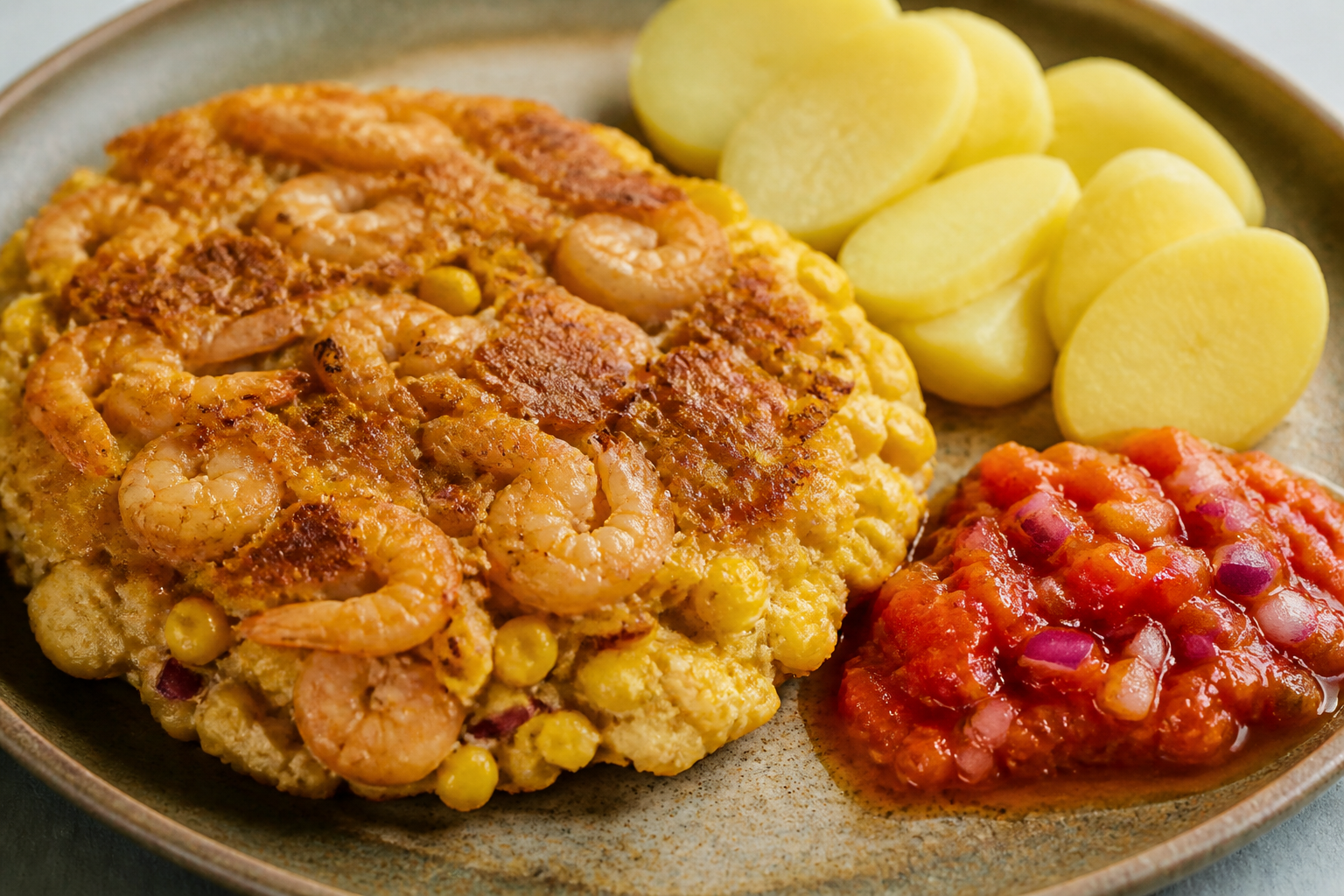 Milcao Norteño de Choclo y Camarón con Pebre Tibio de Pimiento Asado
