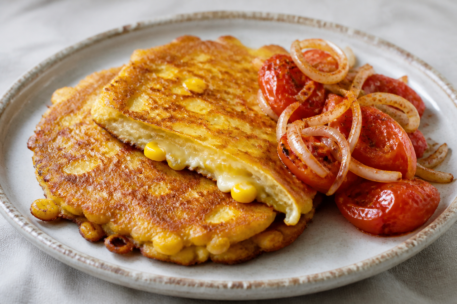 Corn and Chanco Cheese Milcao with Warm Roasted Tomato and Merkén Onion Salad