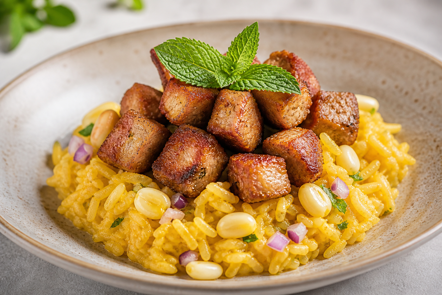 Arroz Meloso de Ají Amarillo con Cerdo Crocante, Choclo y Menta