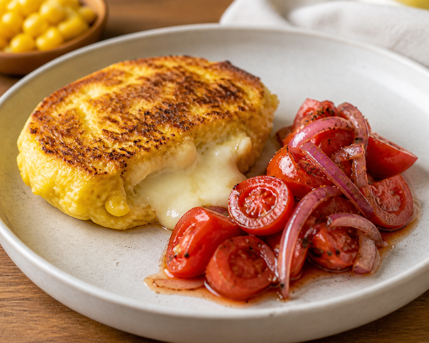 Milcao Norteño de Choclo y Queso Chanco con Ensalada Tibia de Tomate Asado y Merkén