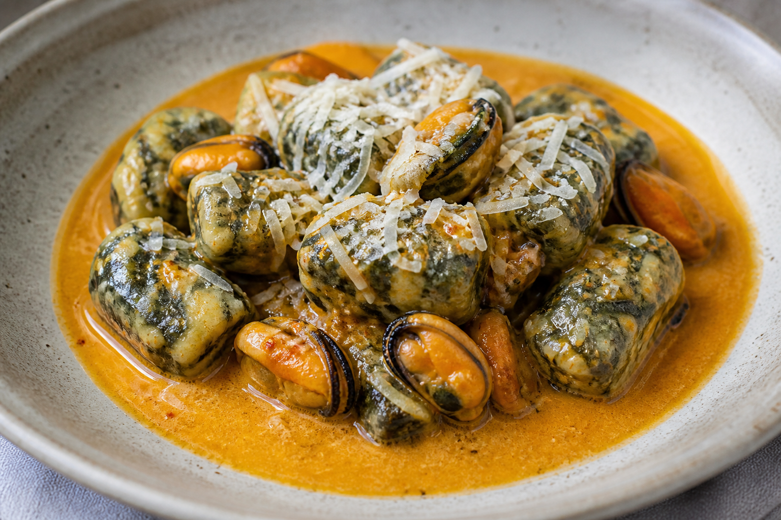 Malfatti Chilotes de Papa y Cochayuyo en Salsa de Choritos al Merkén