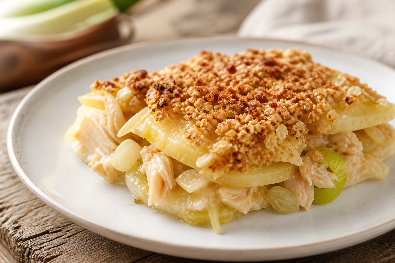Pastel de Papas Chilote con Reineta Ahumada, Puerros y Costra de Avena al Merkén