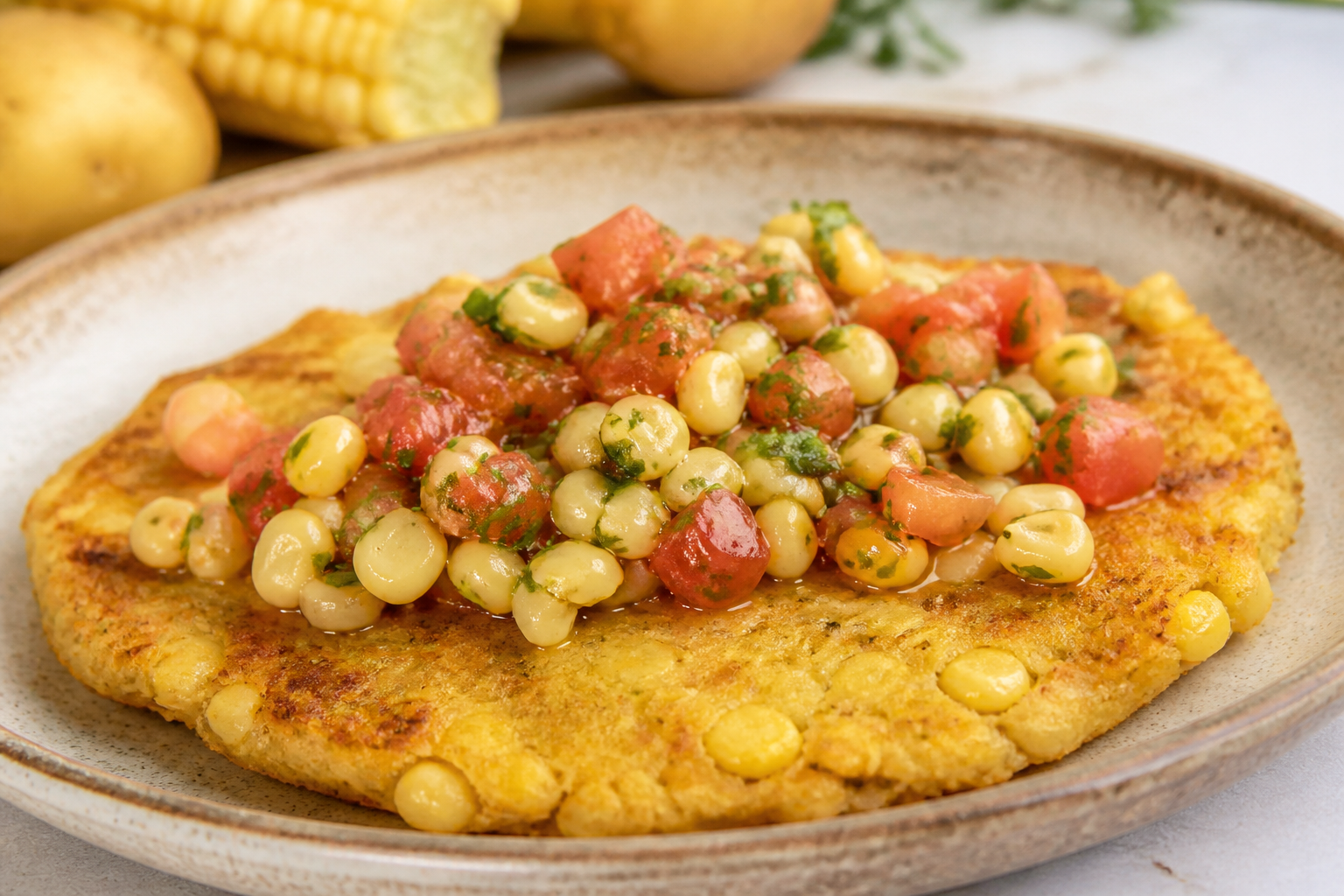 Milcao Norteño de Choclo y Queso Chanco con Pebre Tibio de Tomate Asado