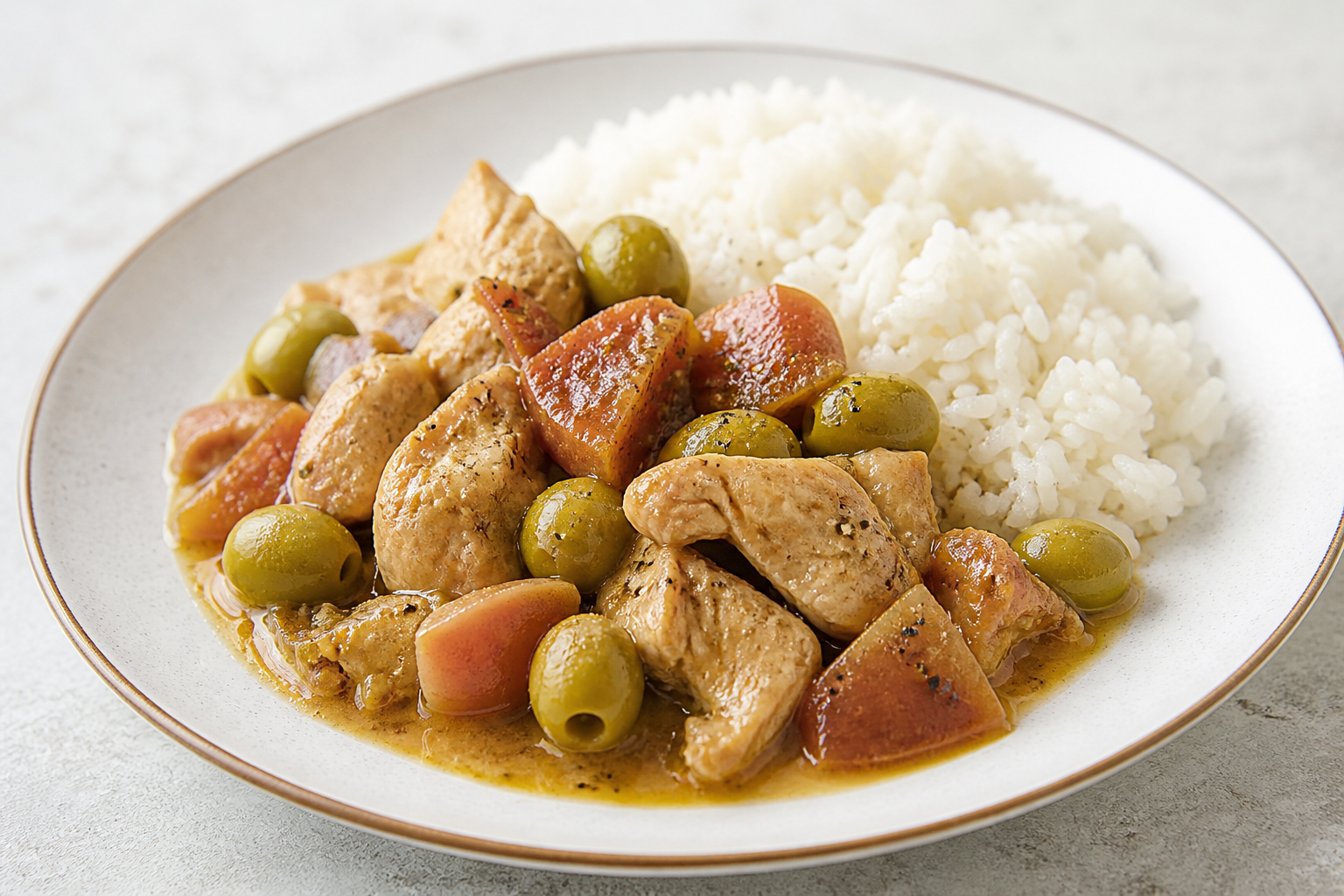 Cuban Chicken Fricassee with Guava, Olives, and Light Coconut Rice