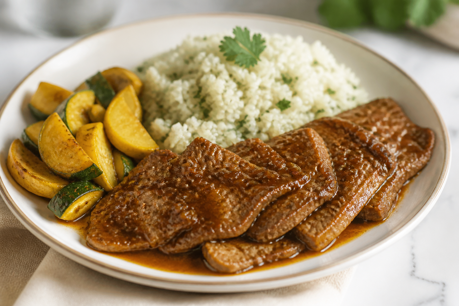 Cuban Beef Steak in Coffee-Orange Mojo with Cilantro Rice and Sautéed Squash