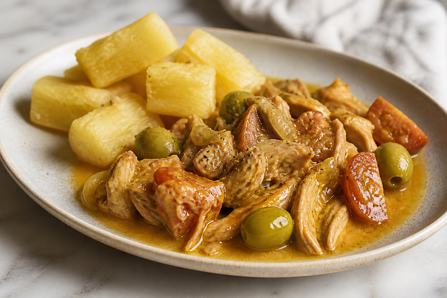 Fricasé Cubano de Pollo con Guayaba, Aceitunas y Yuca al Mojo