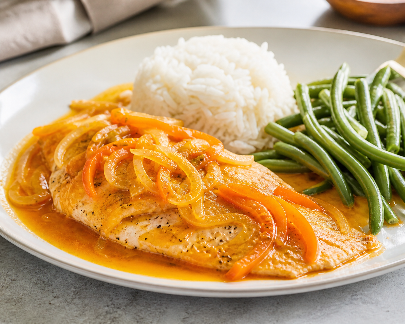 Cuban Tilapia in Warm Sour Orange Escabeche with Coconut Rice and Tender Green Beans