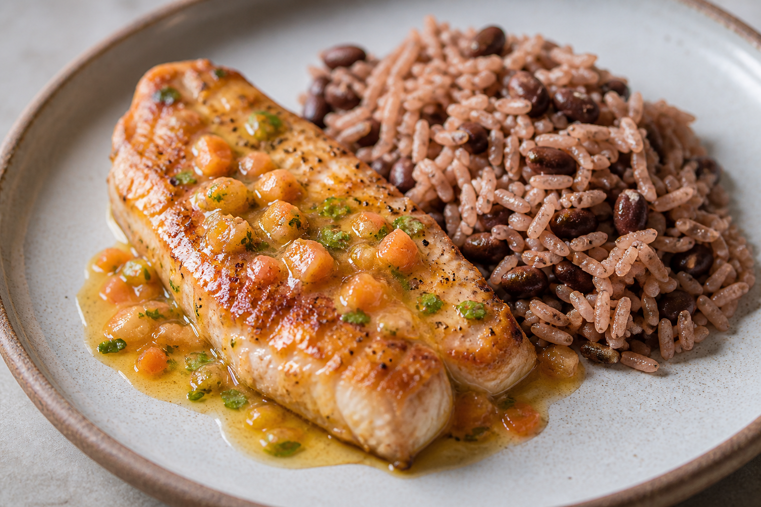 Cuban Red Snapper with Guava-Lime Mojo and Gentle Coconut Congrí