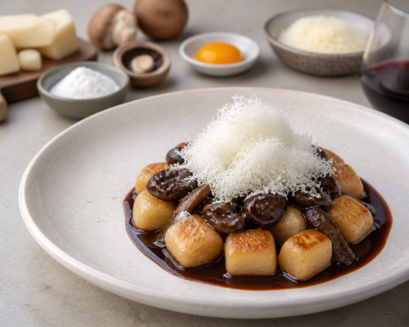 Ñoquis crocantes de mandioca con ragú de hongos al Malbec y nube de queso sardo