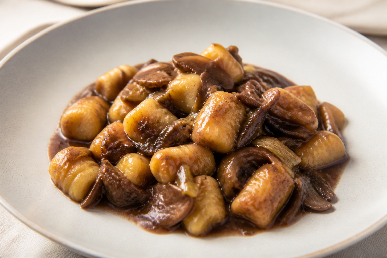 Ñoquis Dorados de Papa y Queso Sardo con Ragú Criollo de Hongos, Puerro y Malbec