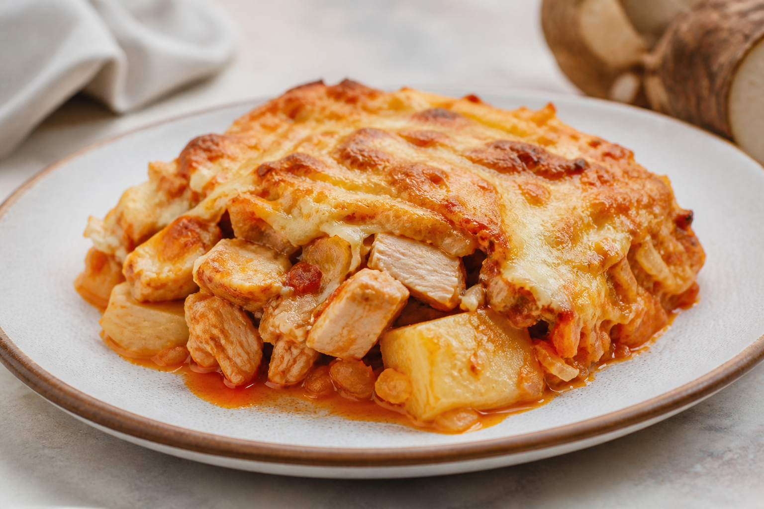 Puerto Rican Yautia and Chicken Casserole in Annatto Sauce with Cheese Crust