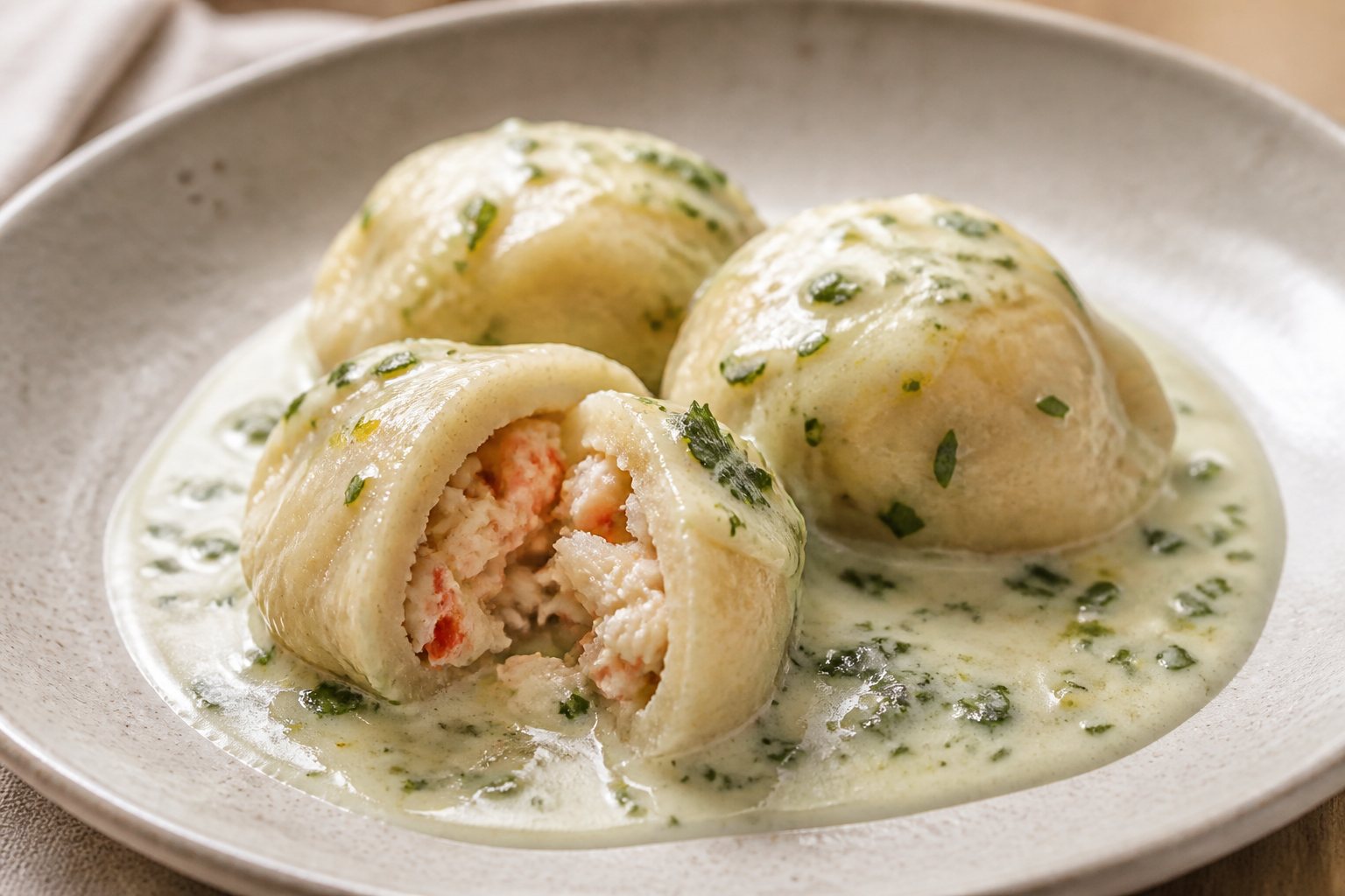 Yuca Dumplings Stuffed with Crab in a Mild Coconut and Culantro Sauce