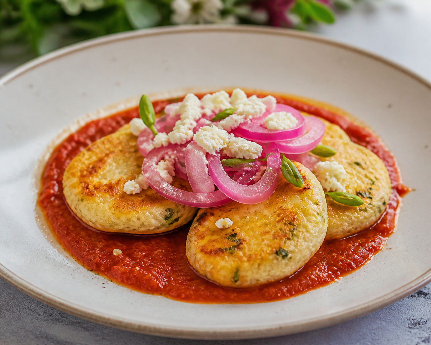 Salvadoran white bean and loroco patties with ricotta-style cheese, over roasted tomato sauce and mild pickled onion