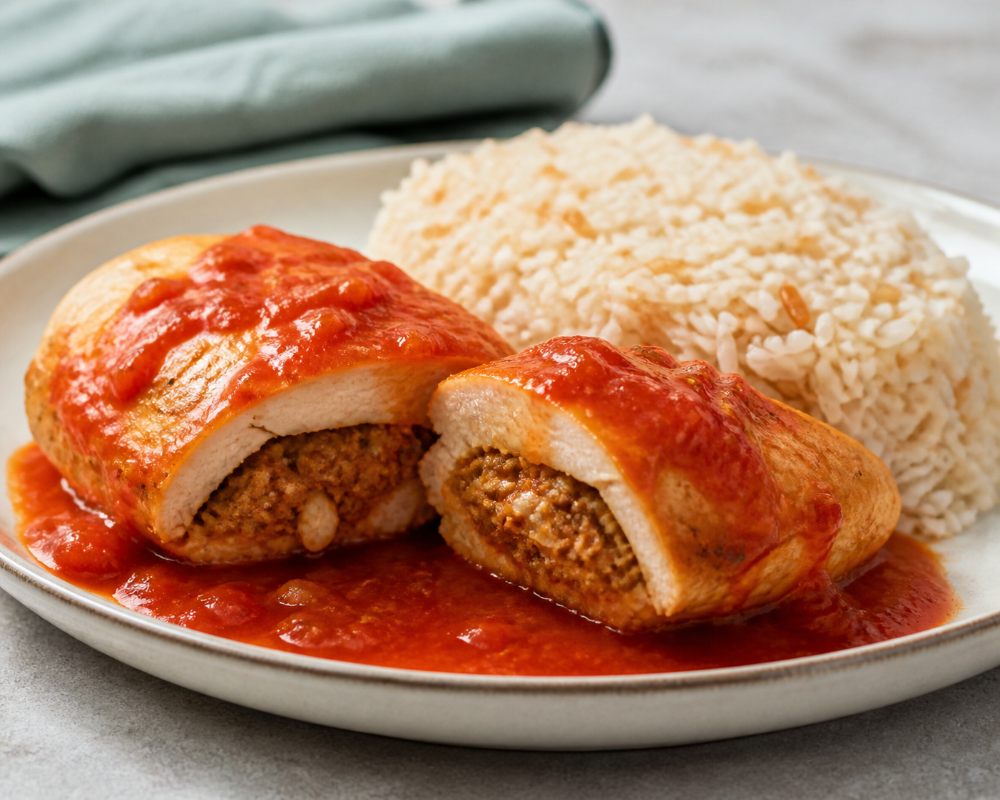 Chicken Breast Stuffed with Soft Alcapurria Filling and Sweet Pepper Sauce with Toasted Coconut Rice
