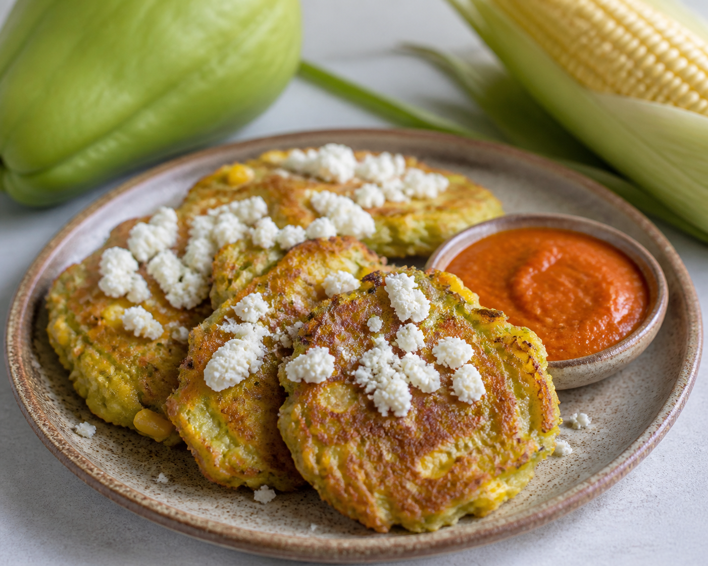 Salvadoran chayote and corn fritters with fresh cheese and roasted tomato guaque pepper sauce
