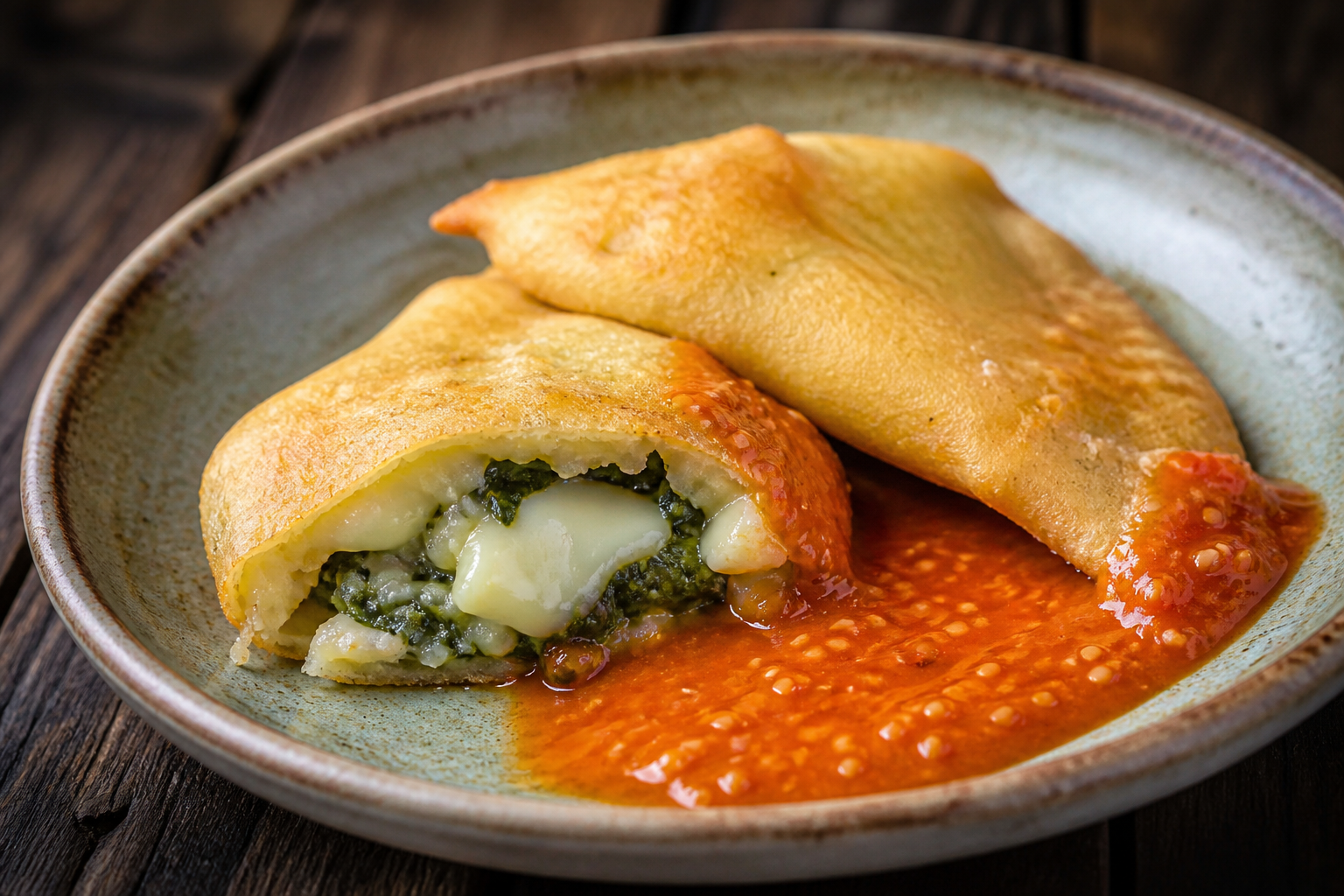 Pastelitos salvadoreños de papa y chipilín con quesillo y salsa de tomate asado al ajonjolí